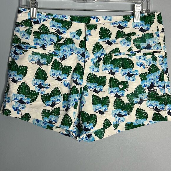 5fin Floral Swim Board Shorts Woman’s sz4 Blue Floral Green Leaves - Picture 1 of 7